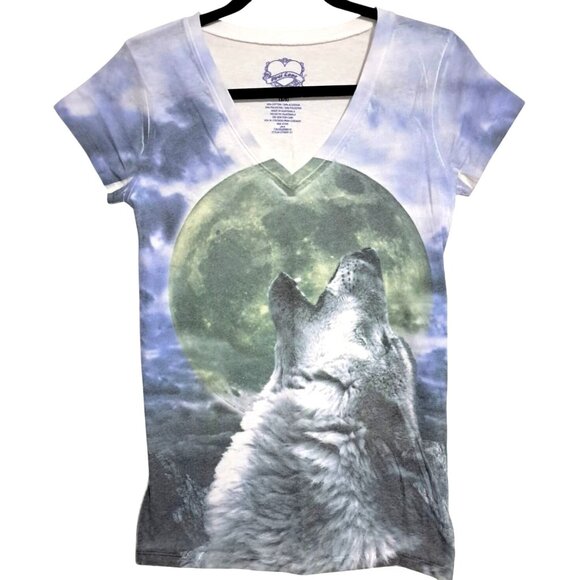 Y2K First Love Howling Wolf Graphic Tee V-Neck Womens S T Shirt Top - Picture 3 of 9